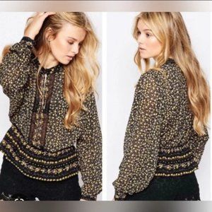 Free People If I Had You Beaded Peplum Blouse Floral Sheer Chiffon Keyhole Neck